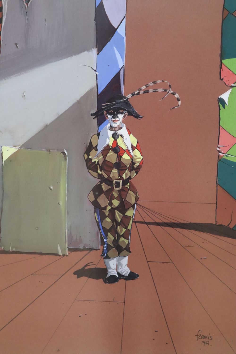 Francis, ink, watercolour and gouache, Harlequin, signed and dated 1977, 62 x 44cm